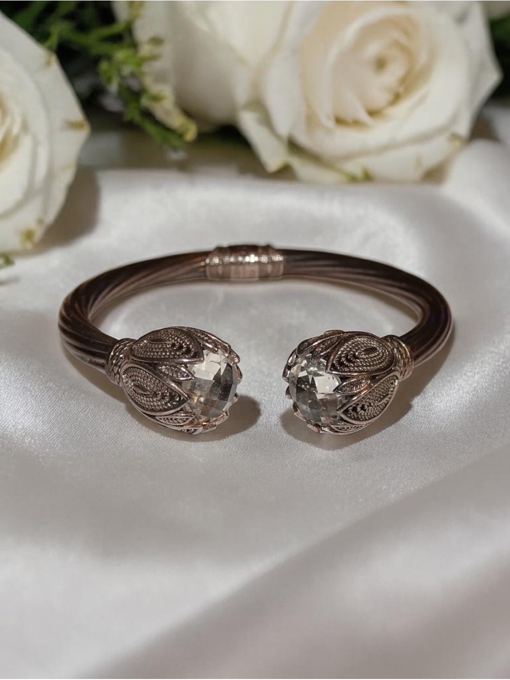 DGS Turkey Sterling Silver Faceted Quartz Filigree Cuff Bracelet
